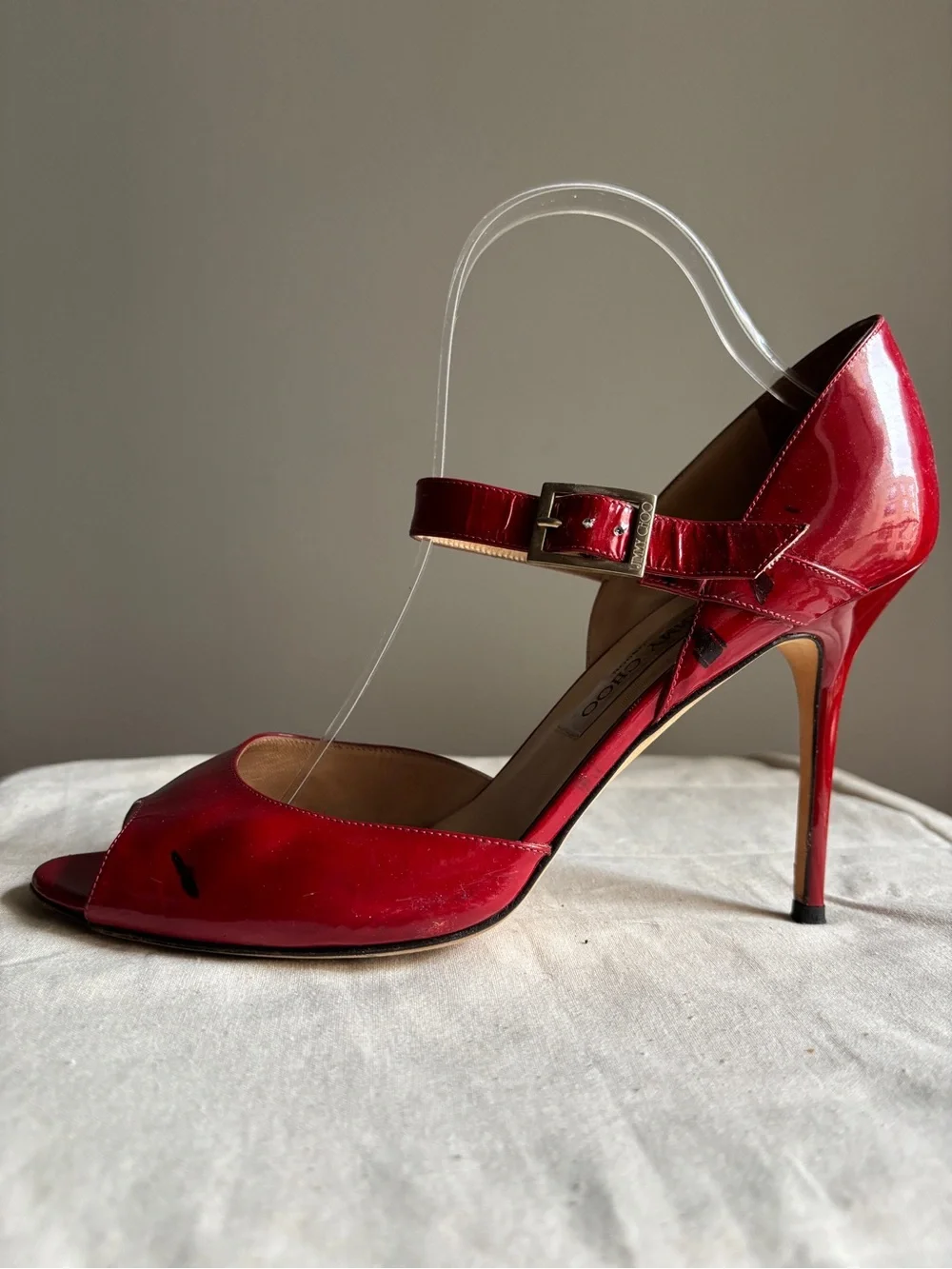 Jimmy Choo Peep Toe Stiletto Heels Red Patent Leather Mary Jane EU 41 US 10